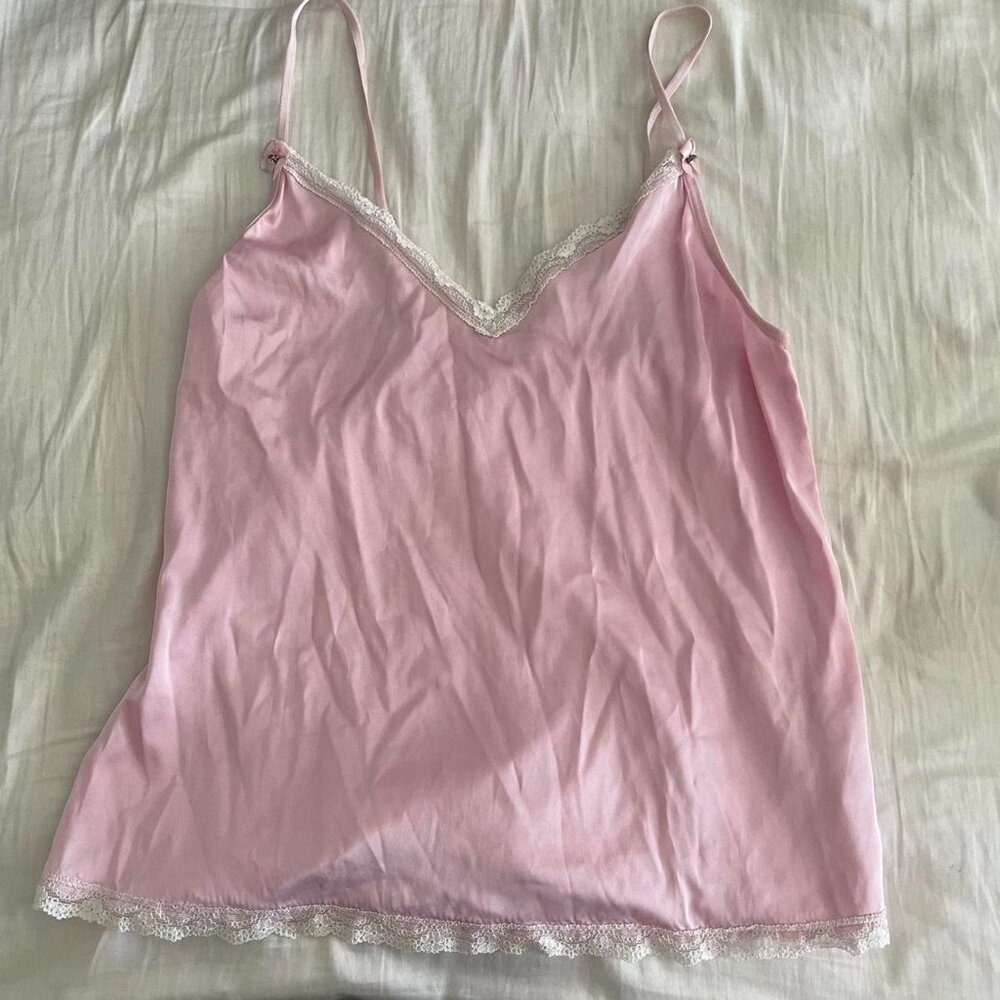 Ekouaer pink v neck lace top satin girly girl cami top